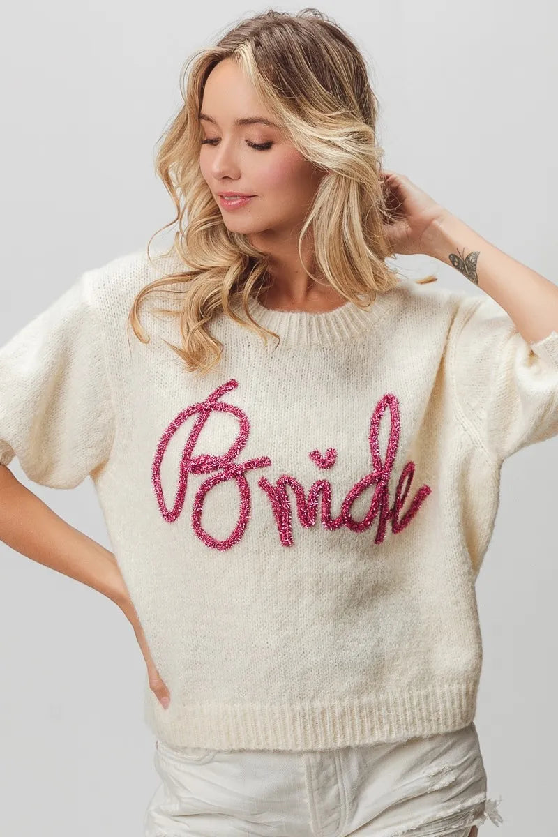 Metallic Letter Short Puff Sleeve Hairy Sweater