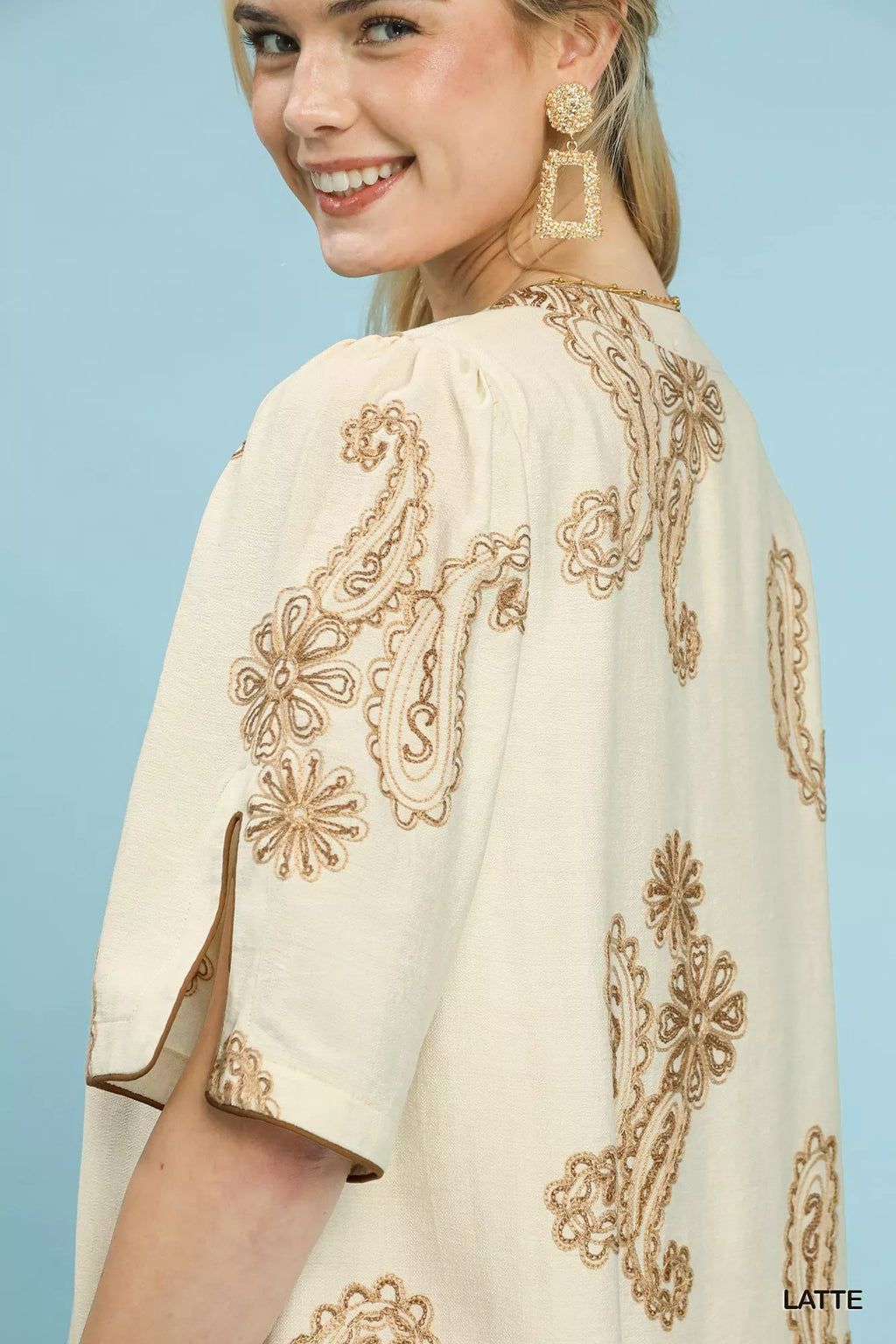 Embroidered Split Neck Shift Dress