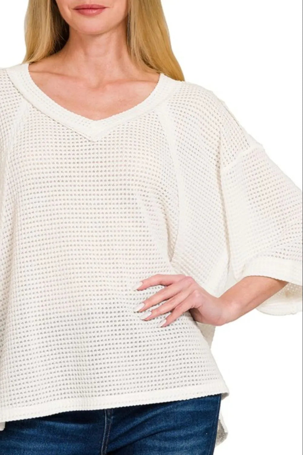 Brushed Waffle Exposed-seam 3/4 Sleeve Top
