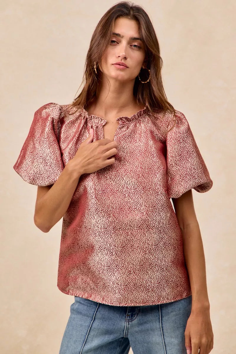 Jacquard Woven Short Balloon Sleeves V Neck Top