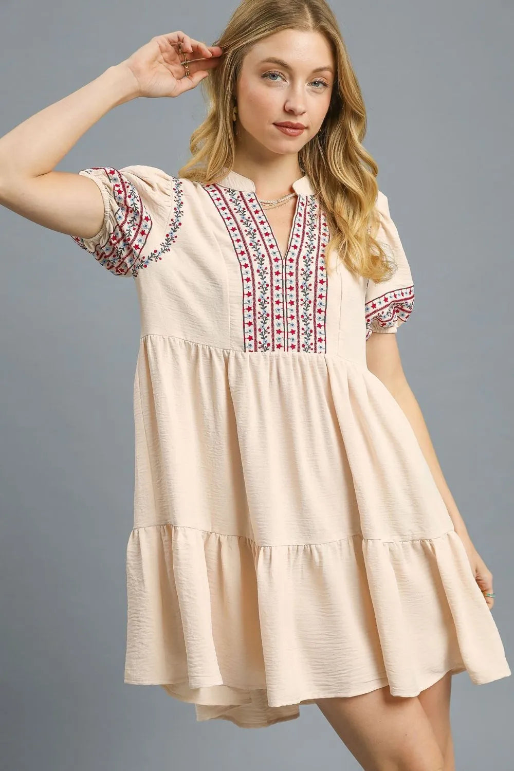 Floral Trim Puff Sleeve Mini Dress