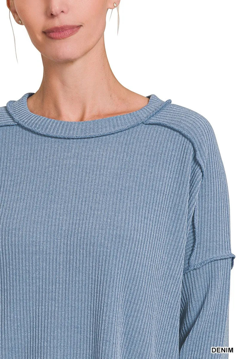 Ribbed Drop Shoulder Round Neck Sweater