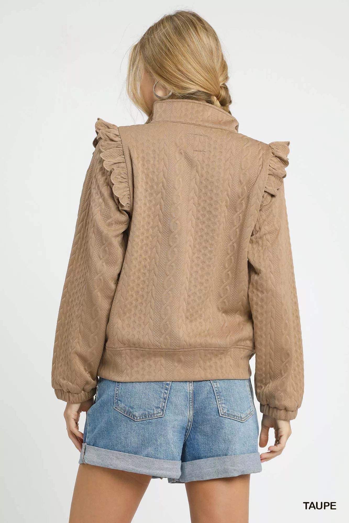 Cable Knit Textured Pullover with Ruffle Shoulders