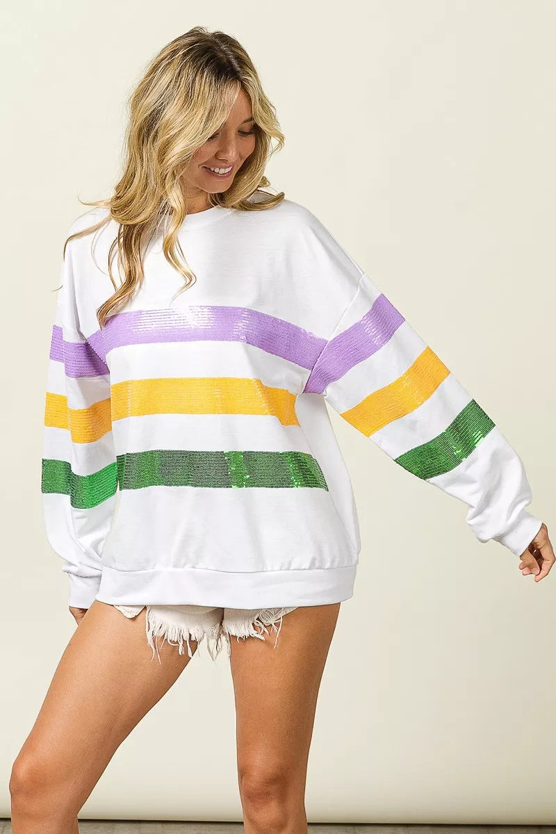 Sequin Mardi Gras Striped Round Neck Sweatshirt