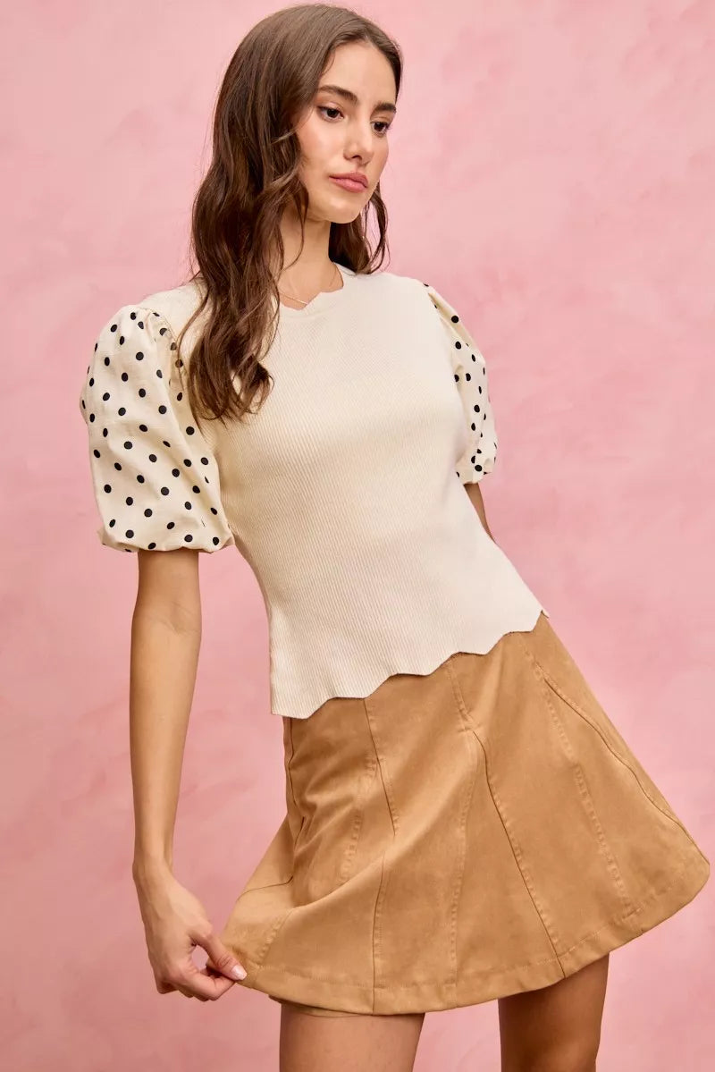 Polka Dot Contrast Woven Ballon Sleeve Blouse