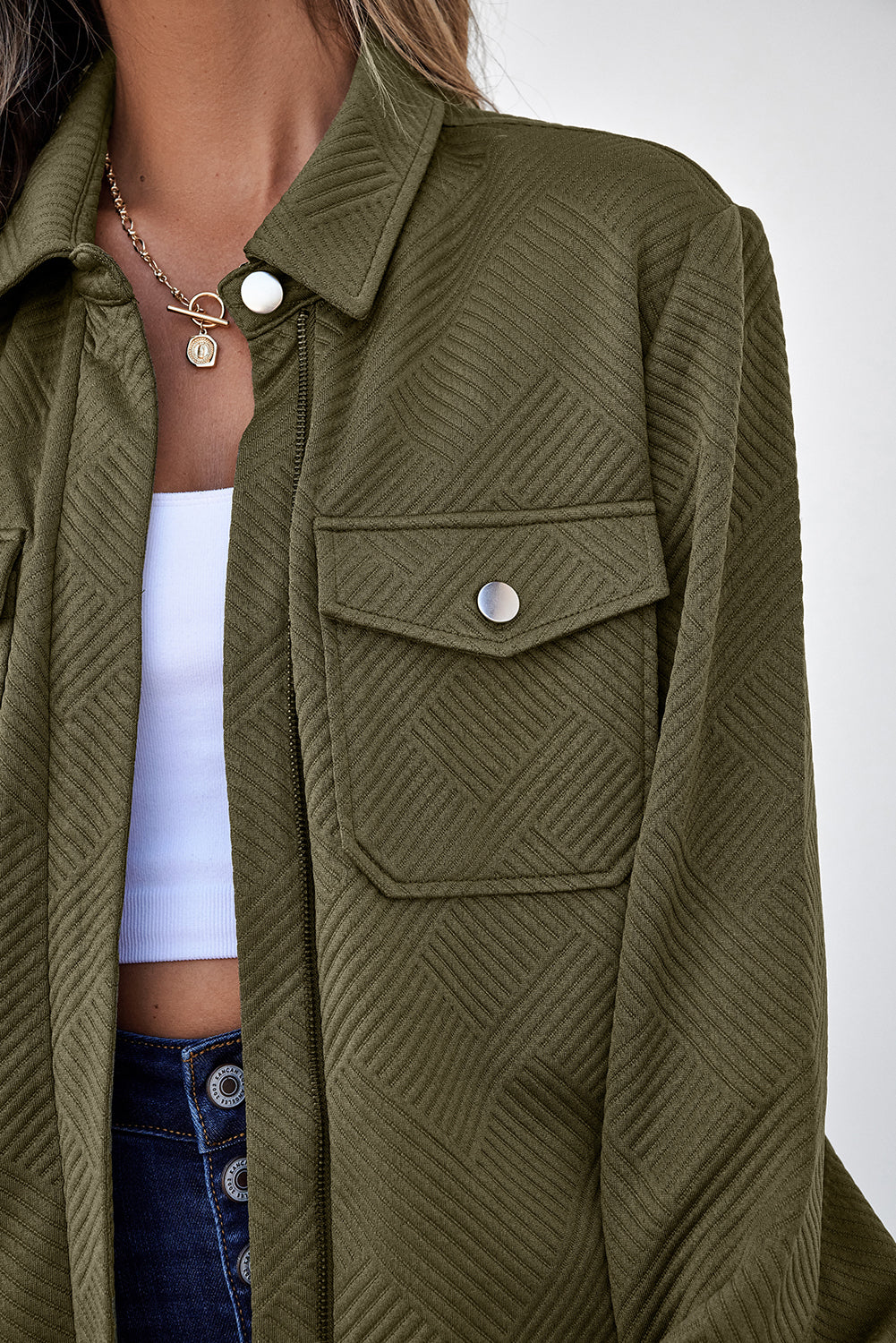 Blackish Green Solid Color Zip Up Button Flap Pocket Shirt Collar Jackets