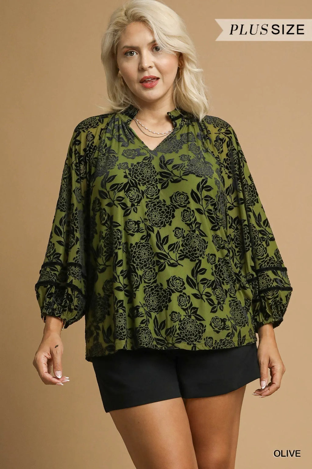 Full Size Floral Velvet Blouse with Balloon Sleeves Plus Size