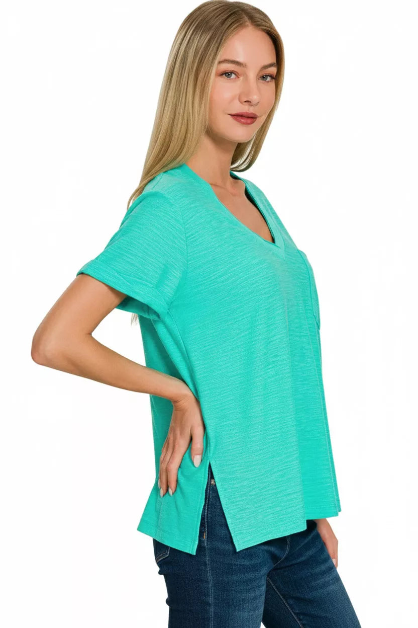 Slub Rolled Short Sleeve V-Neck Tee