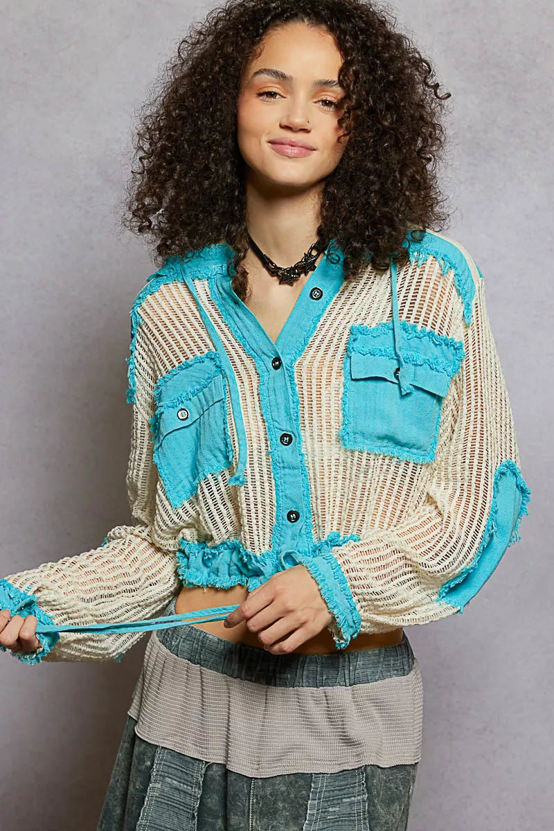 Texture Woven Button Down Hooded Shirt with Drawstring Hem