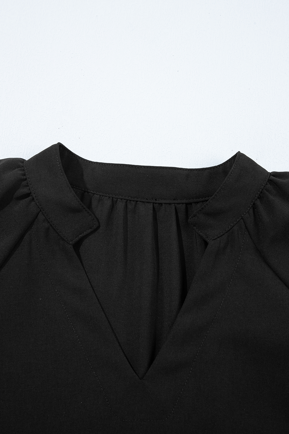 Black Bow Decor Puff Sleeve Split Neck Blouse
