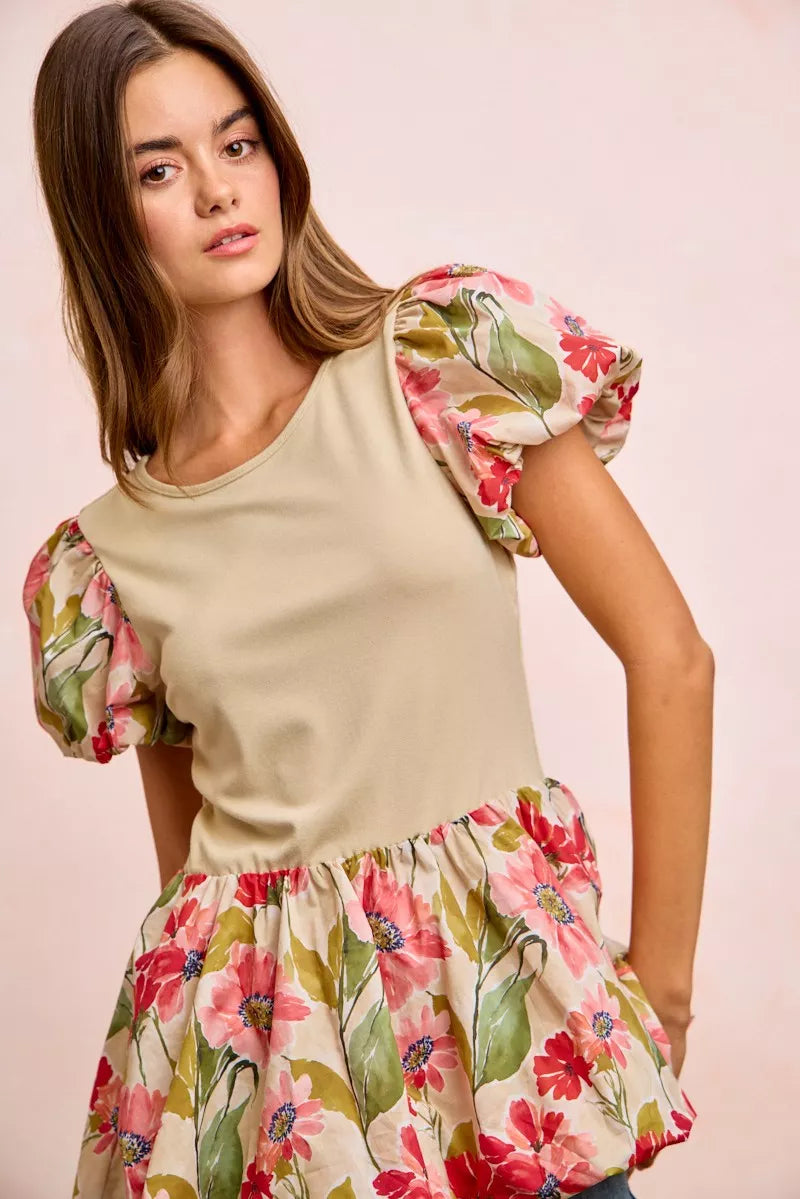 Floral Printed Bubble Sleeves and Hem Peplum Top