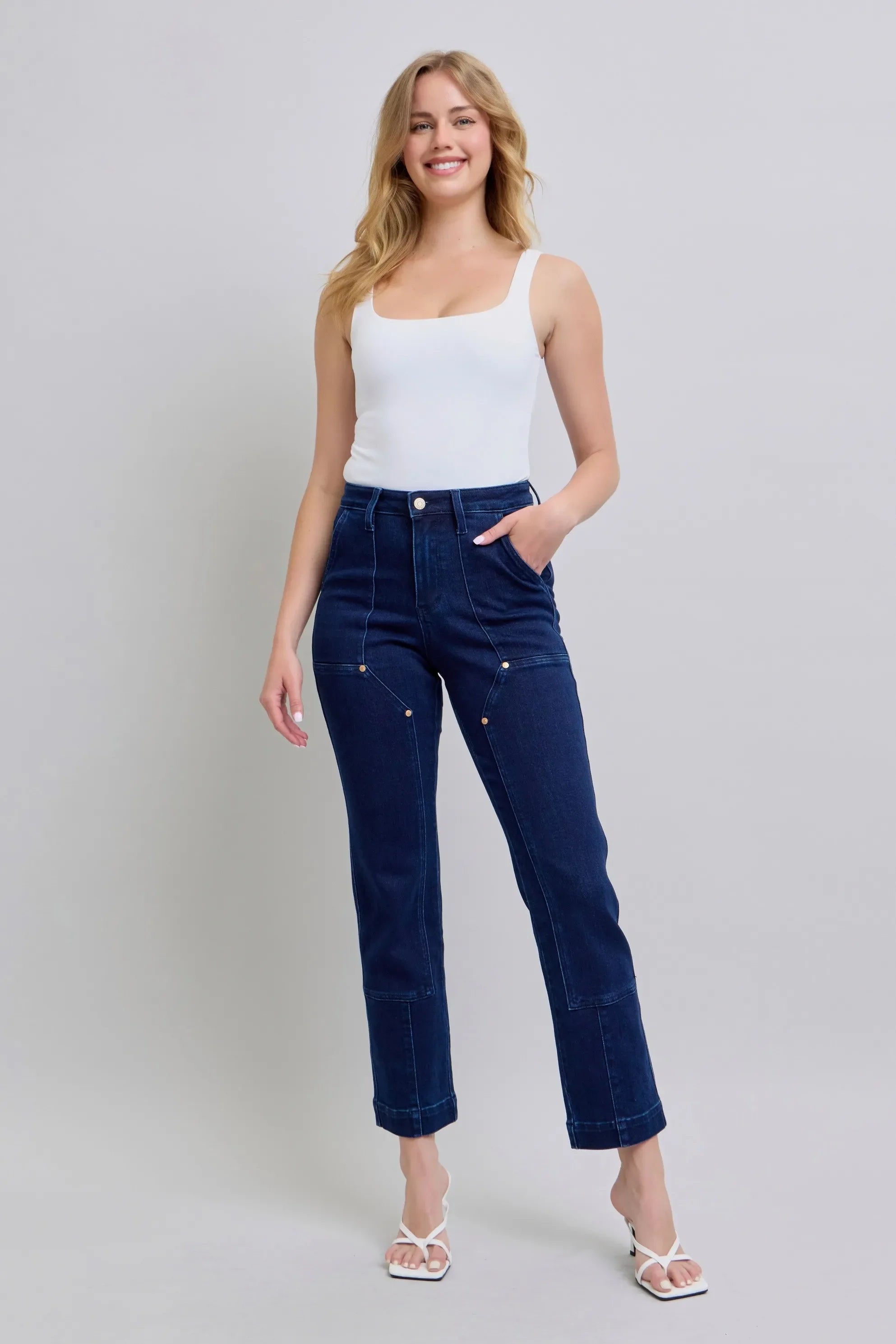 Full Size Hw Work Wear Knee Patch Straight Jeans Plus Size