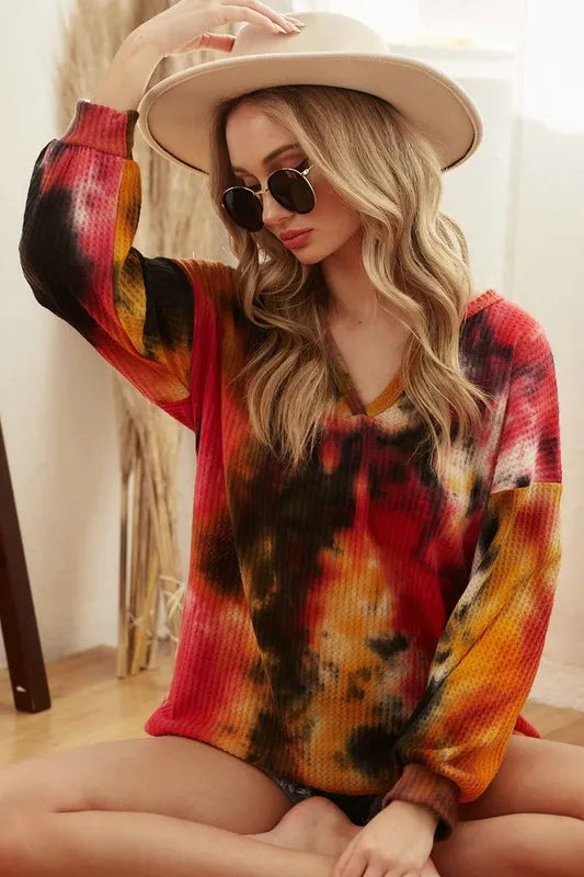 Tie Dye Brushed Waffle Top With Bubble Sleeves