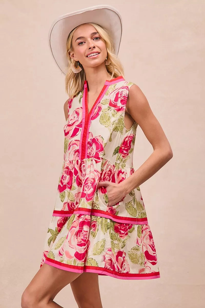Floral Woven Contrast Edge Tiered Ruffle Mini Dress