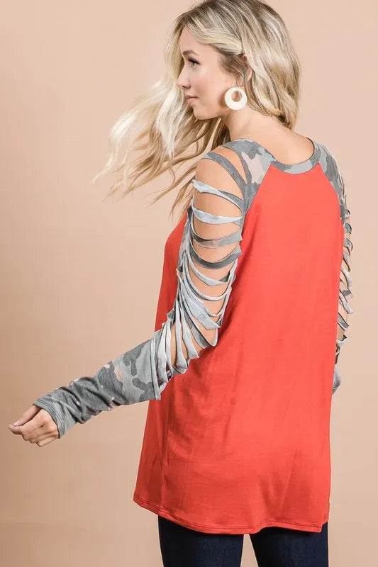 Jersey Knit Top with Camouflage Laser Cut Sleeves