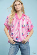 Stripe Embroidered Button-Front Boho Blouse
