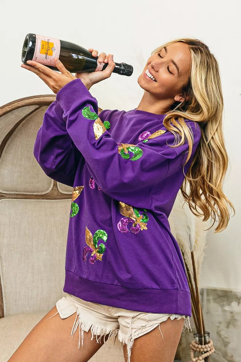 Fleur De Lis Sequin Patches Mardi Gras Sweatshirt