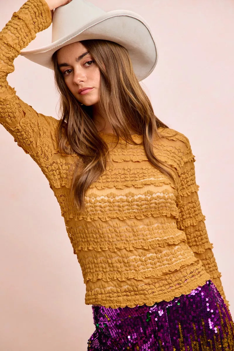 Ruffles Detail Mardi Gras Color Flower Lace Top