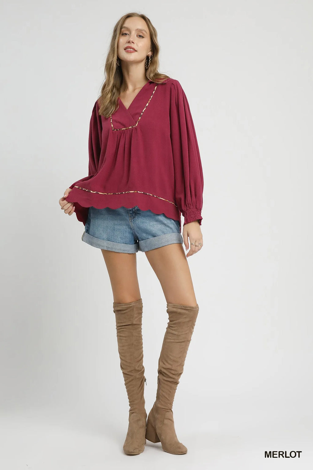 Full Size Linen Scallop Hem Blouse with Contrast Trim Plus Size