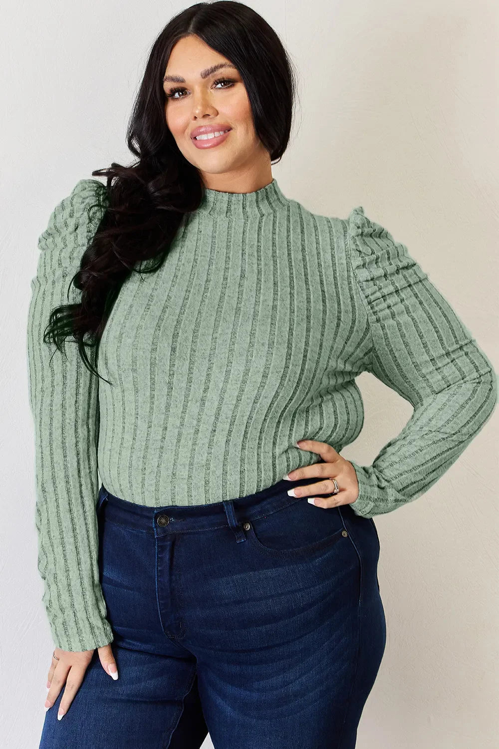 I am a Fashion junky Full Size Ribbed Mock Neck Puff Sleeve T-Shirt