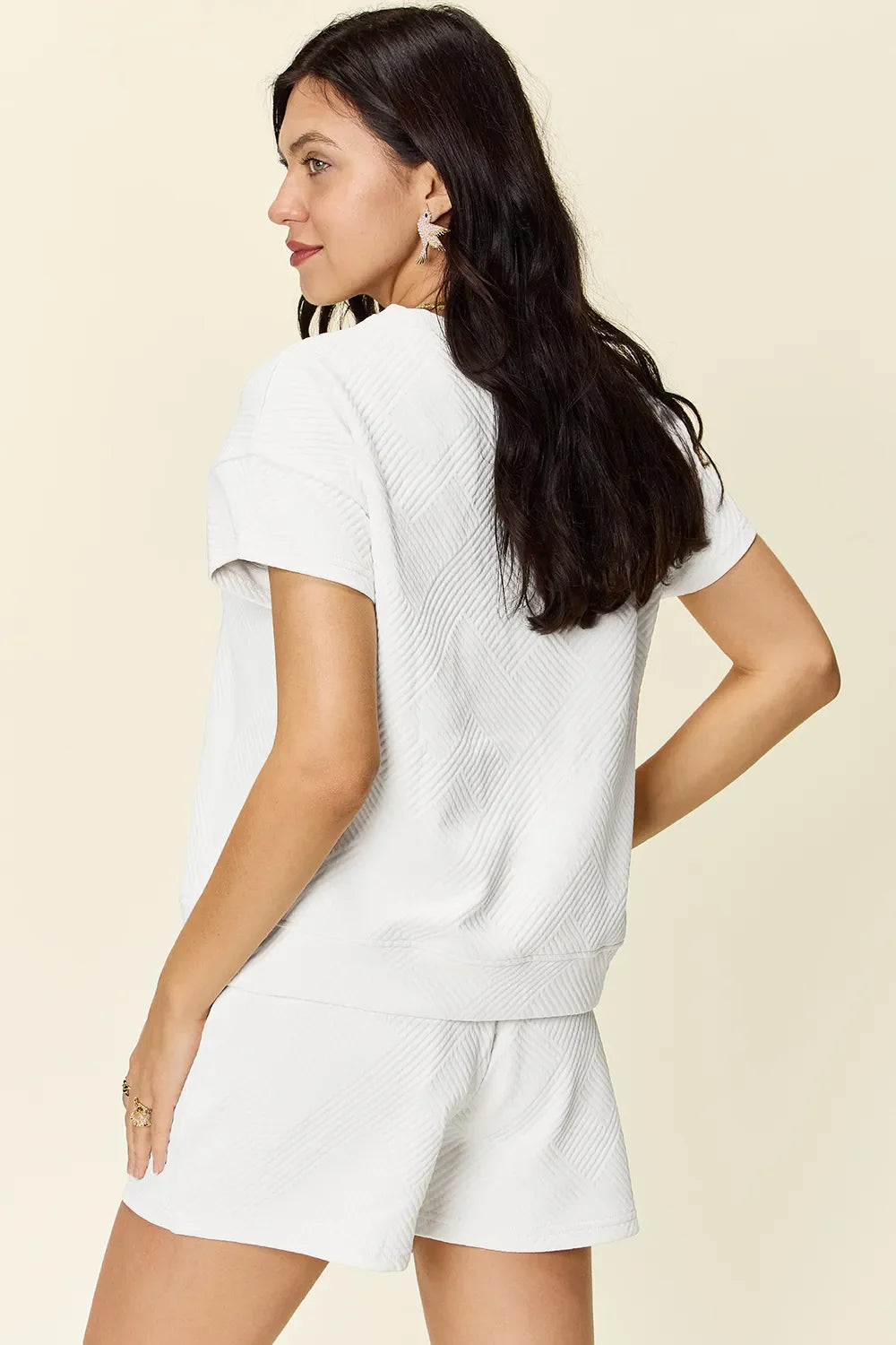 I am a Fashion Junky Full Size Texture Short Sleeve T-Shirt and Drawstring Shorts Set
