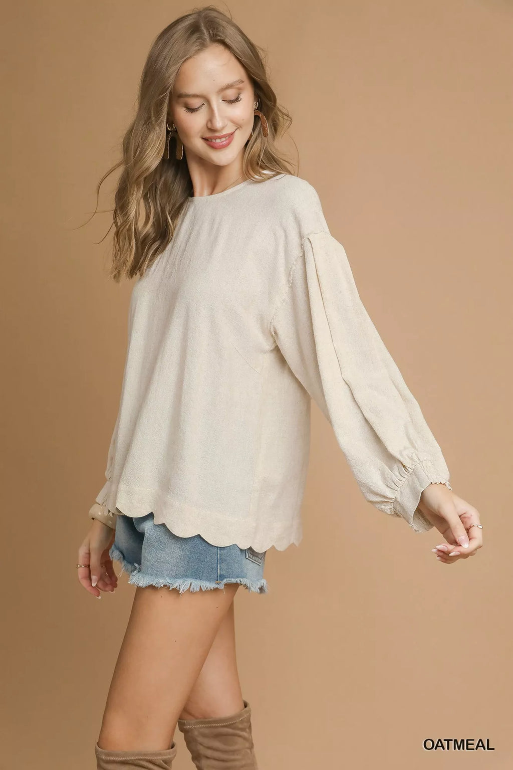 Linen Scallop Hem Long Sleeve Blouse