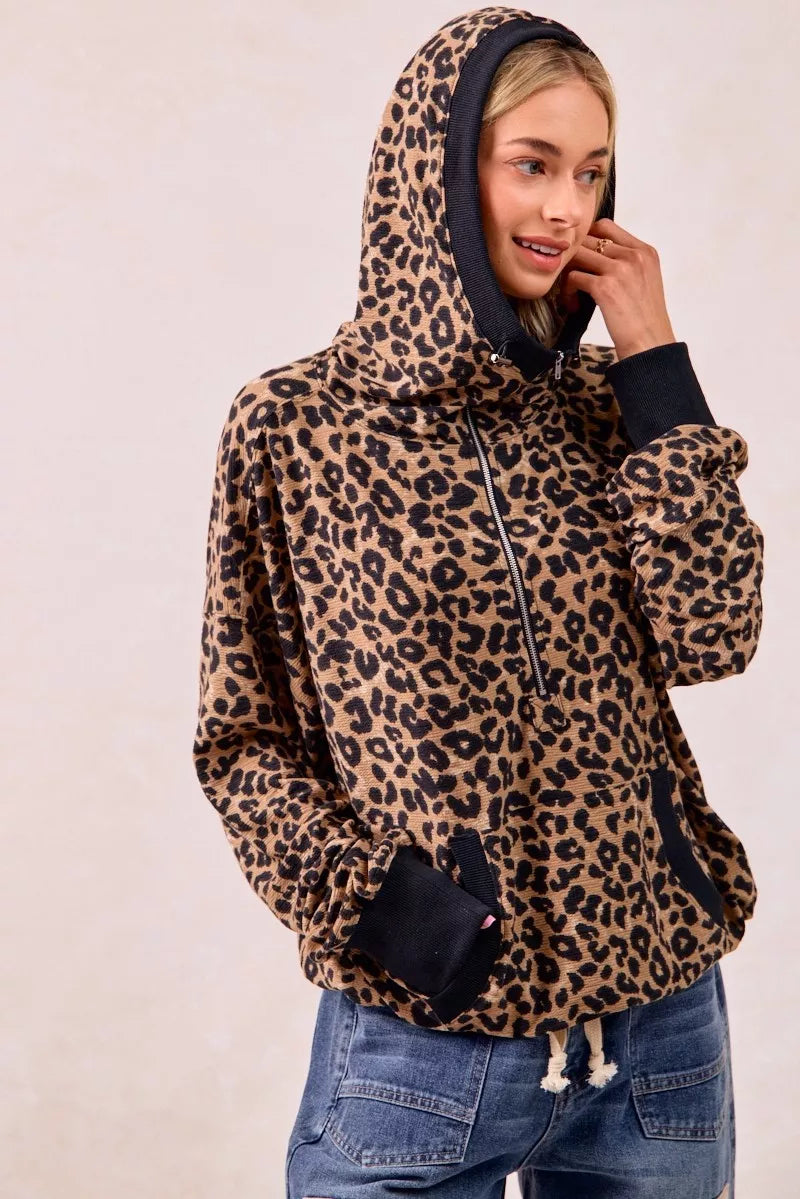 Leopard Print Waffle Half Zip Up Hoodie W Pocket