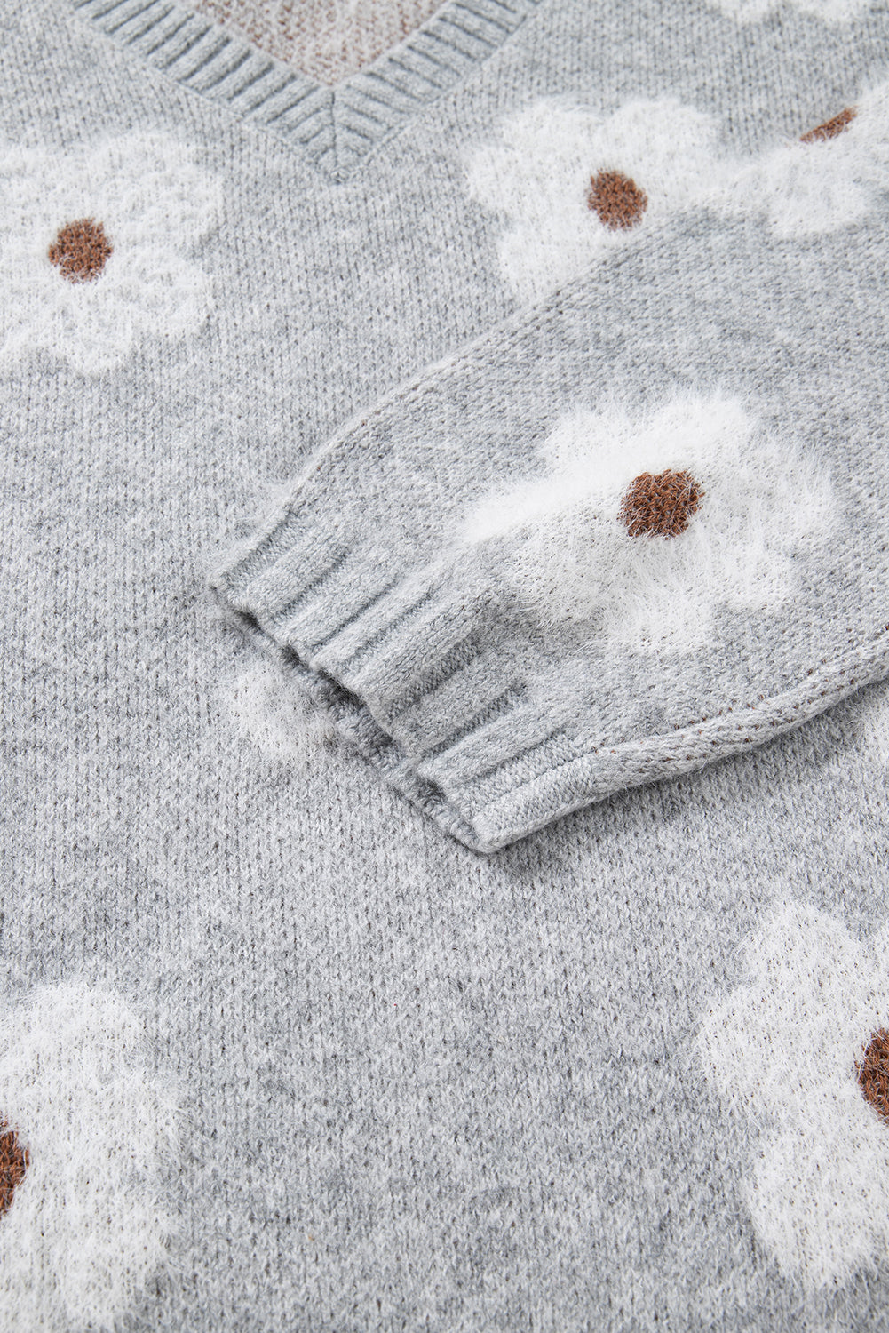 Gray Cute Flower Print V Neck Drop Shoulder Baggy Sweater