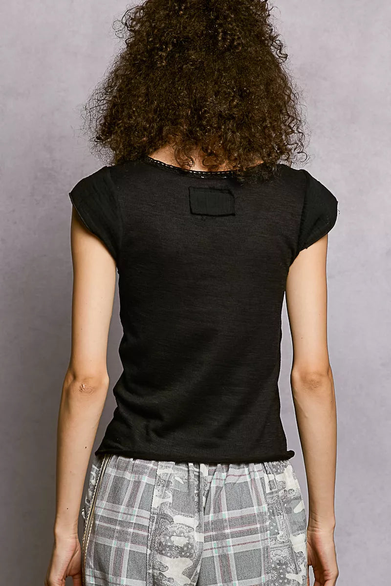 V-Neck Lightweight Textured Short Sleeve Knit Top with Lace Trim