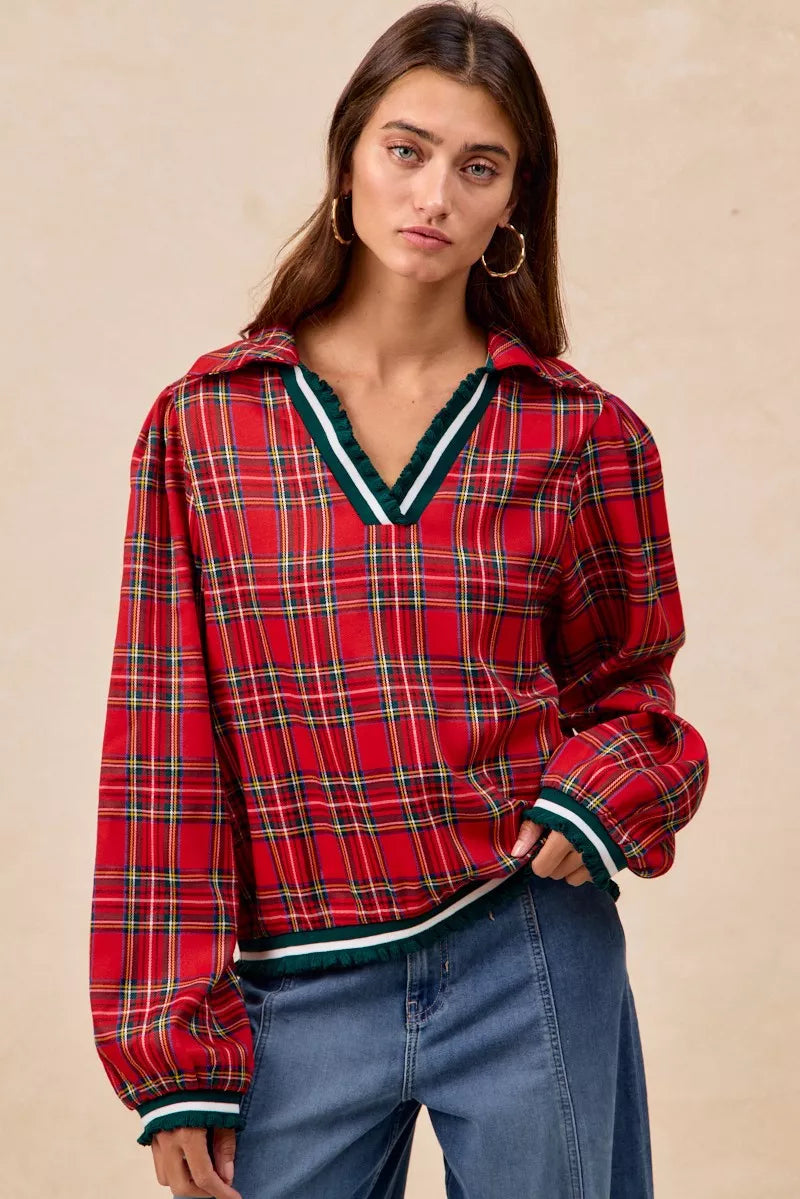 Christmas Plaid Collared Top with Ruffled Detail