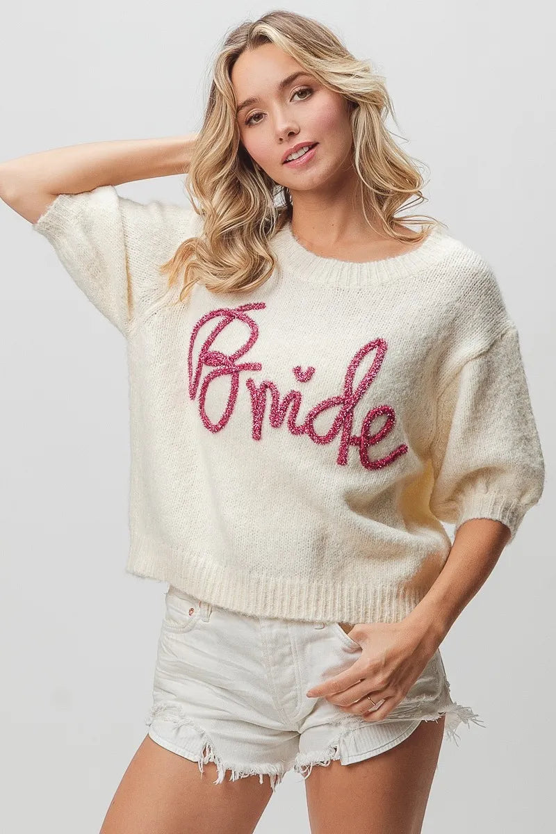 Metallic Letter Short Puff Sleeve Hairy Sweater