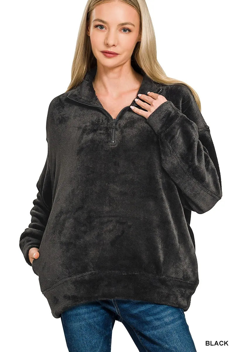 Faux Fur Half Zip Pocket Pullover