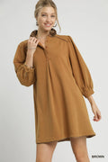 French Terry Balloon Sleeve Shift Dress with Leopard Print Detail