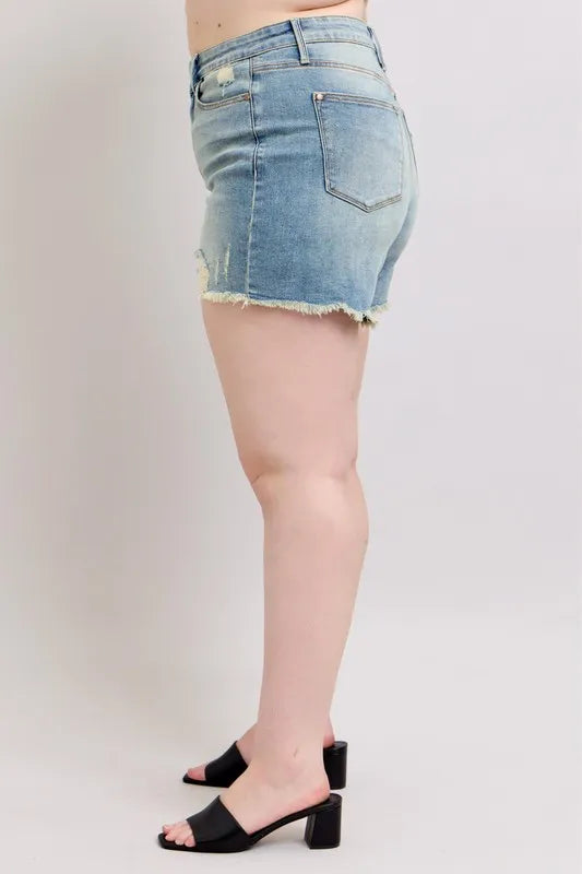 Plus Size High Rise Washed Fly Stitch Detail and Destroy Denim Shorts