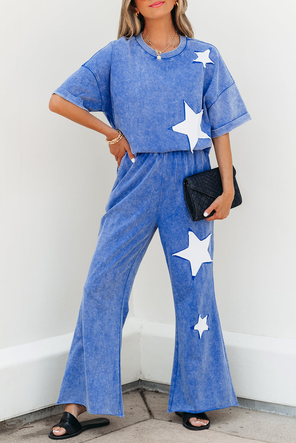 Acid Wash Star Patched Rolled Trim Pants Set