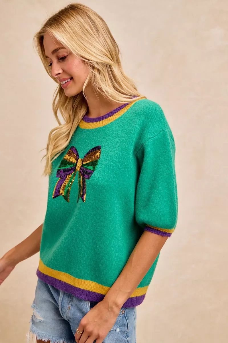 Mardi Gras Sequin Ribbon Patched Sweater