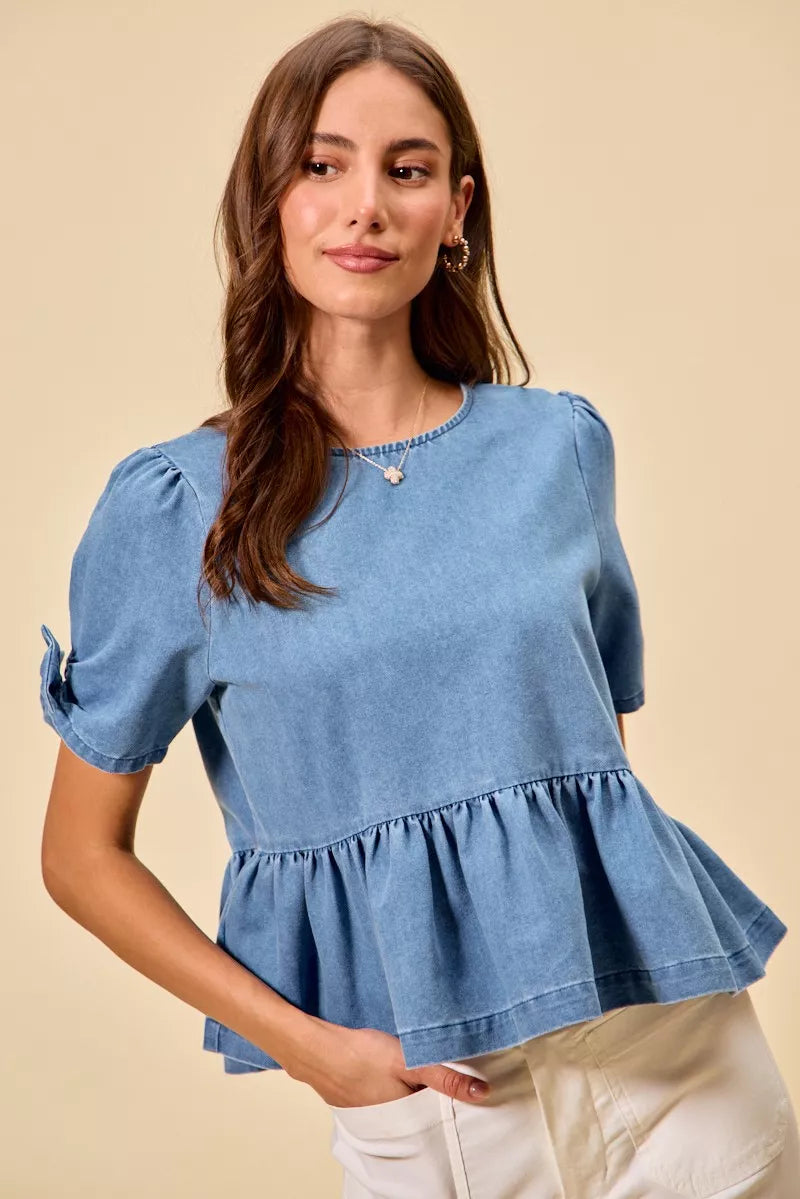 Denim Bow Detail Short Sleeves Peplum Top