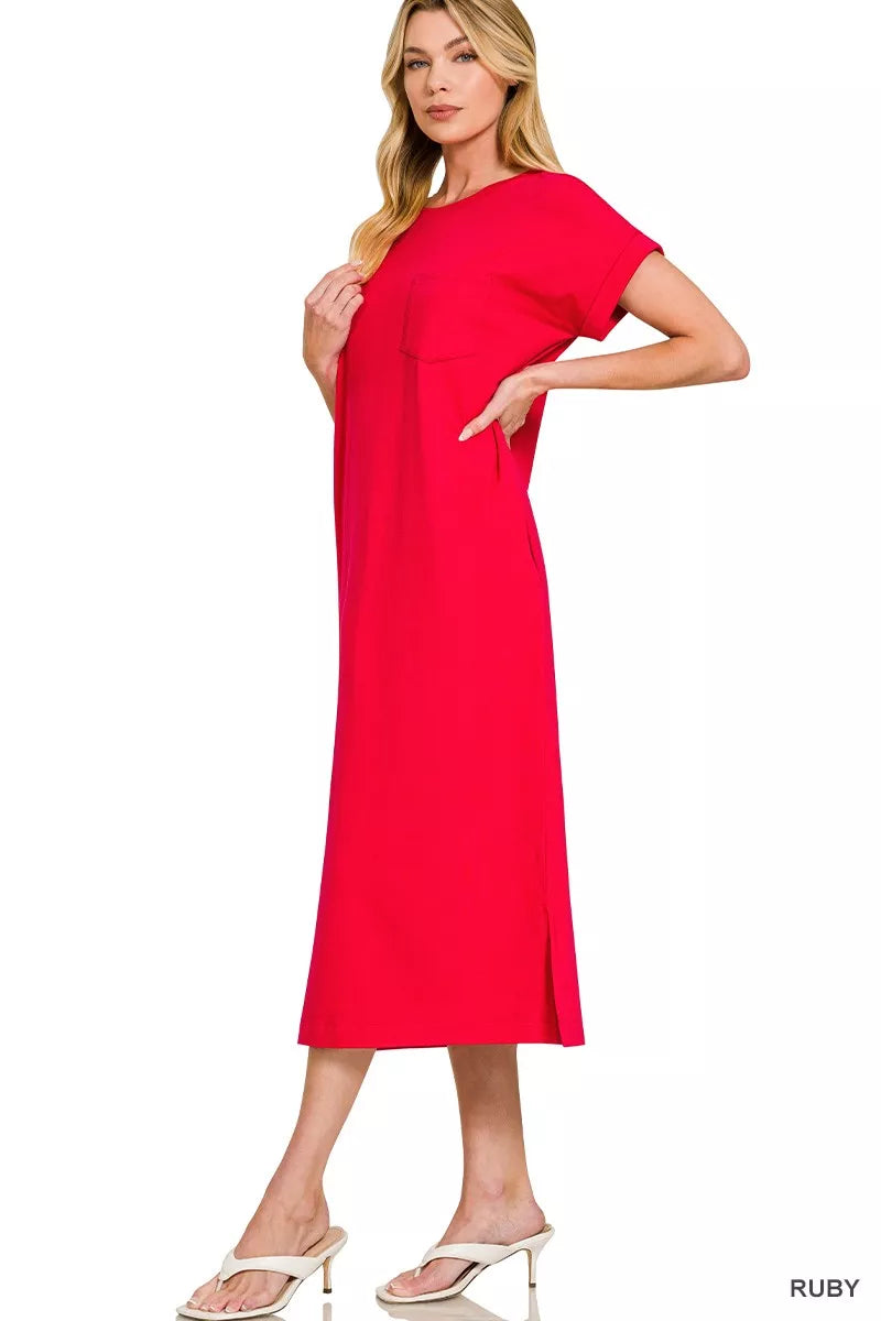 Round Neck Short Sleeve Midi Dress