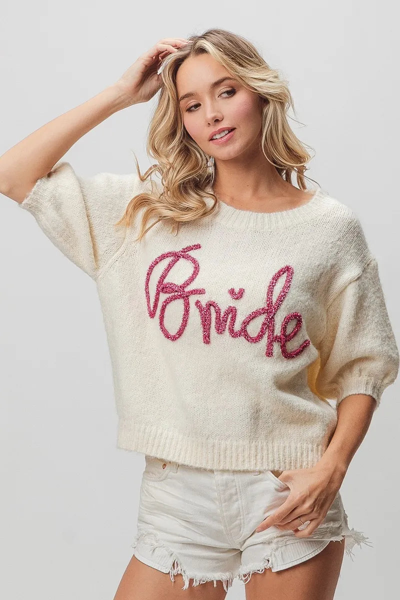 Metallic Letter Short Puff Sleeve Hairy Sweater