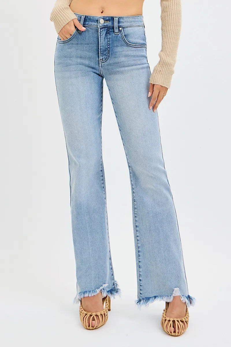 Full Size Tummy Control Mid Rise Flare Jeans with Fray Hem Detailed Plus Size