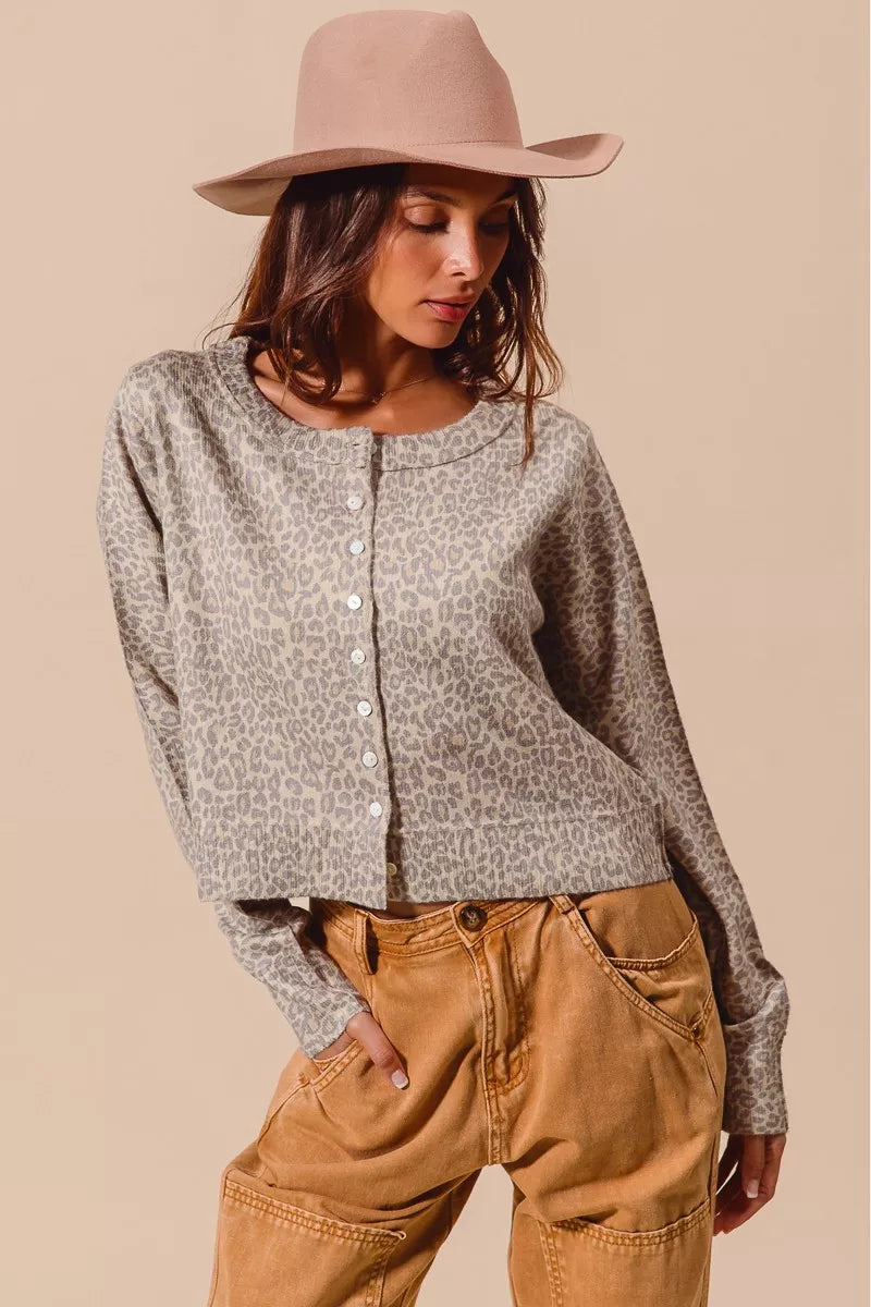 Two Tone Leopard Vintage Print Button Up Cardigan