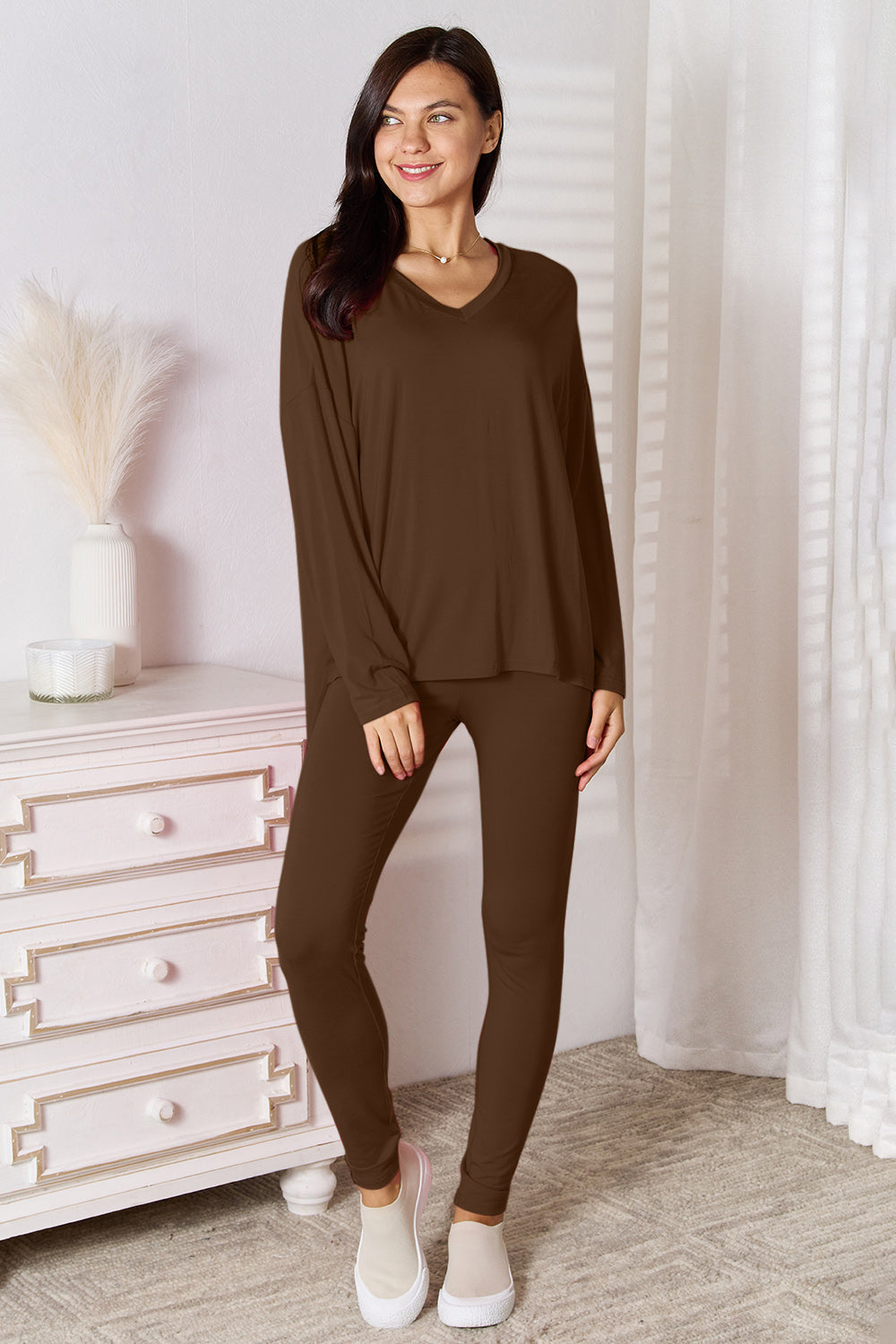 I am a Fashion Junky Full Size V-Neck Soft Rayon Long Sleeve Top and Pants Lounge Set