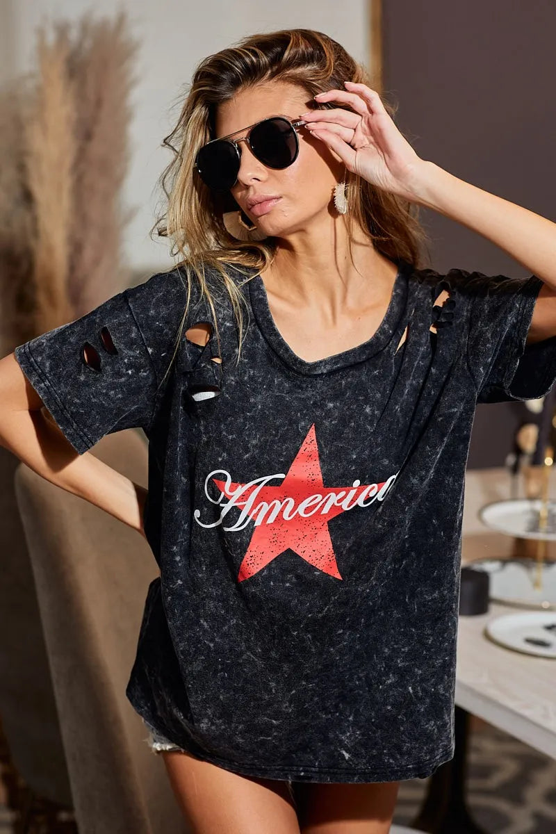 Laser Cut Mineral Washed Jersey Top with America