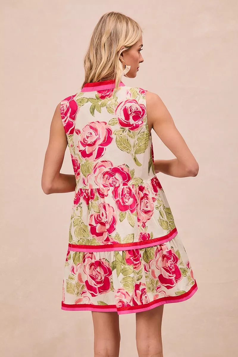 Floral Woven Contrast Edge Tiered Ruffle Mini Dress