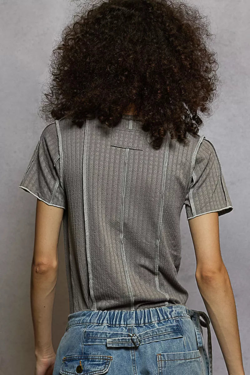 V-Neck Short Sleeve Top with Stitch Seam Detail