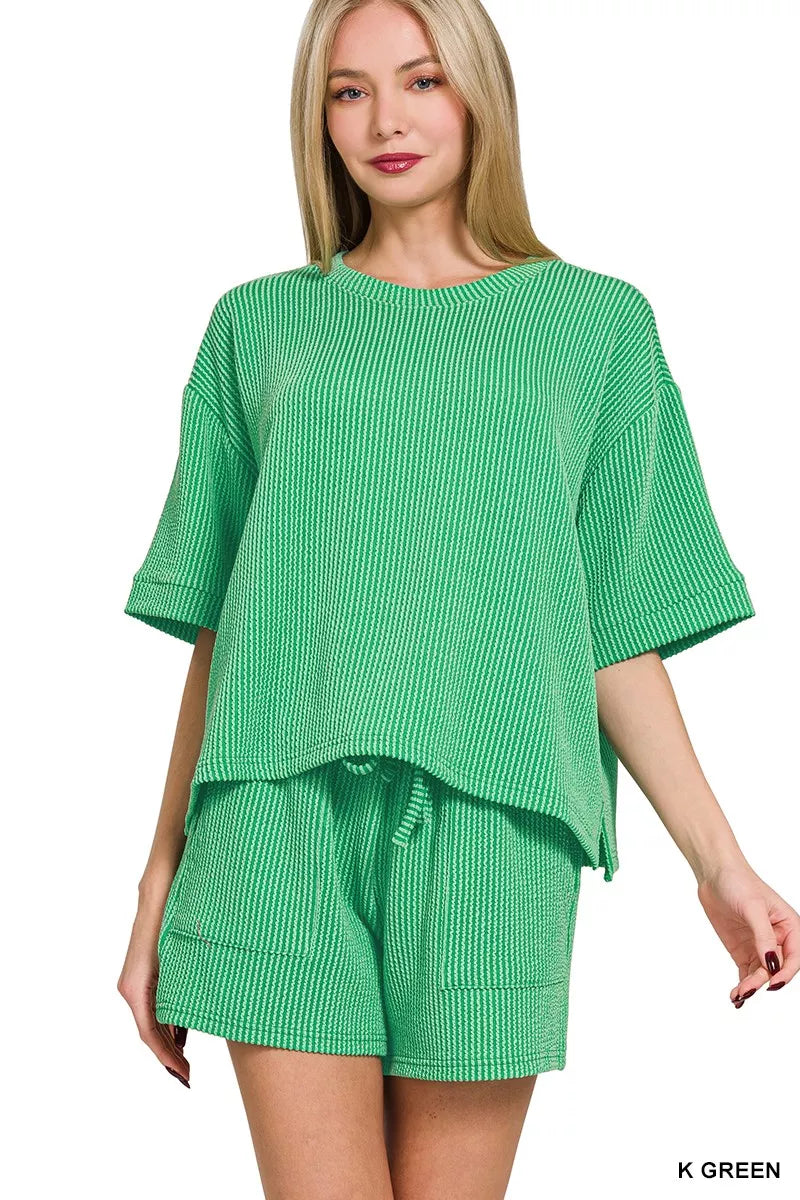 Raised Rib Short Sleeve Tee and Drawstring Shorts Set