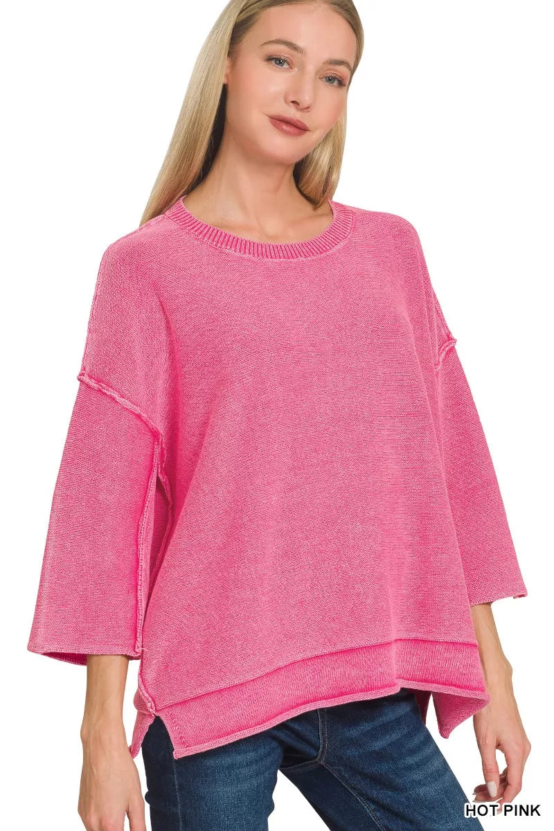 Washed 3/4 Sleeve Boxy Sweater