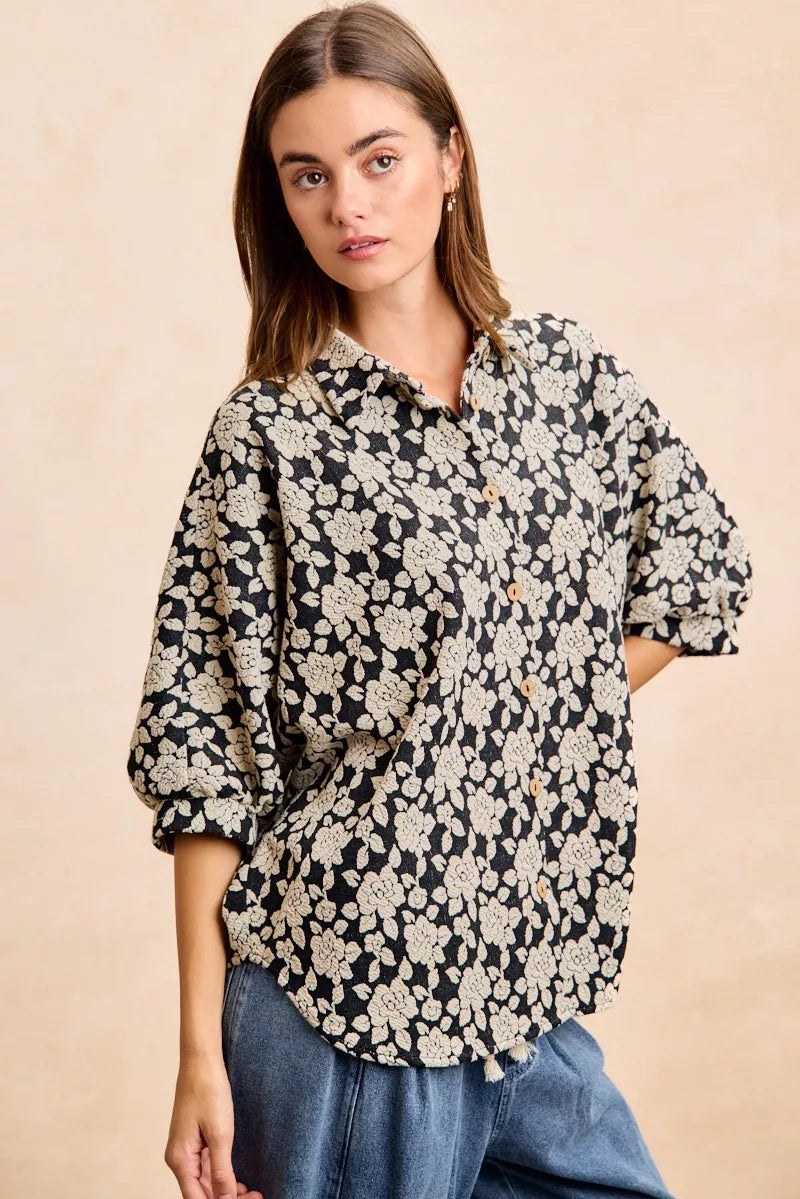 Floral Jacquard Short Dolman Sleeves Shirt
