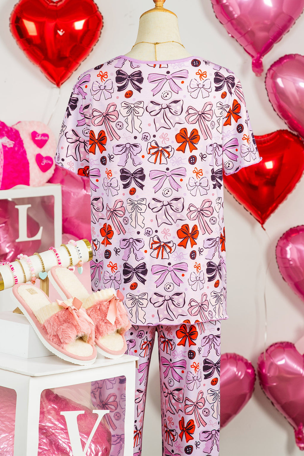 Pink Diverse Bows Buttons Printed Contrast Trim Short Sleeve Shirt Pajama Pant Set