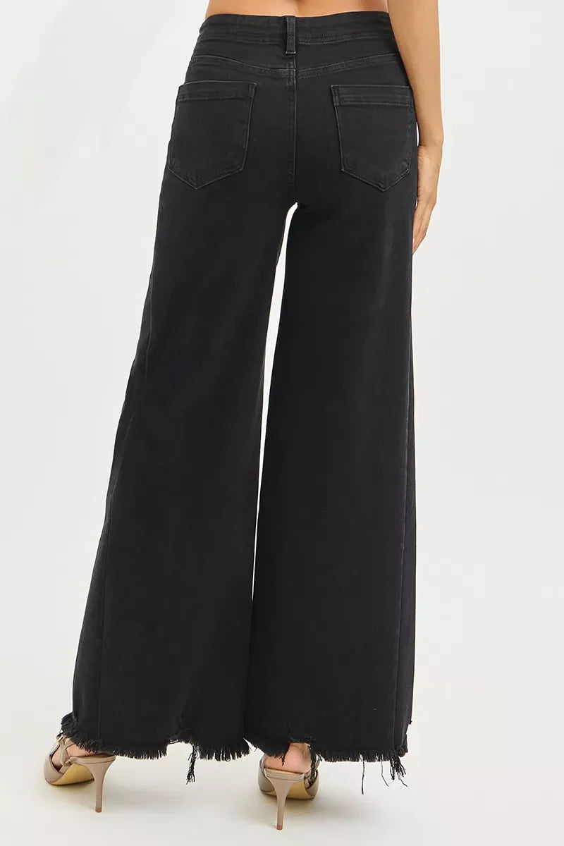 Tummy Control High Rise Palazzo Leg Frayed Hem Jeans